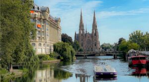Strasbourg Cathedral viewed from afar, symbol of Alsace heritage and city life