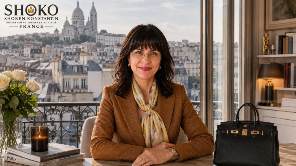 Ankaufsmaklerin SHOKO zeigt einem deutschen Ehepaar die Aussicht von einer Terrasse in Montmartre, 18. Arrondissement Paris