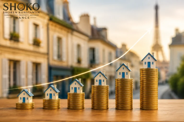 Schaufenster französischer Maklerbüros mit Immobilienanzeigen, Immobilienmarkt in Frankreich ohne zentrales Portal organisiert. SHOKO berät Sie gerne.