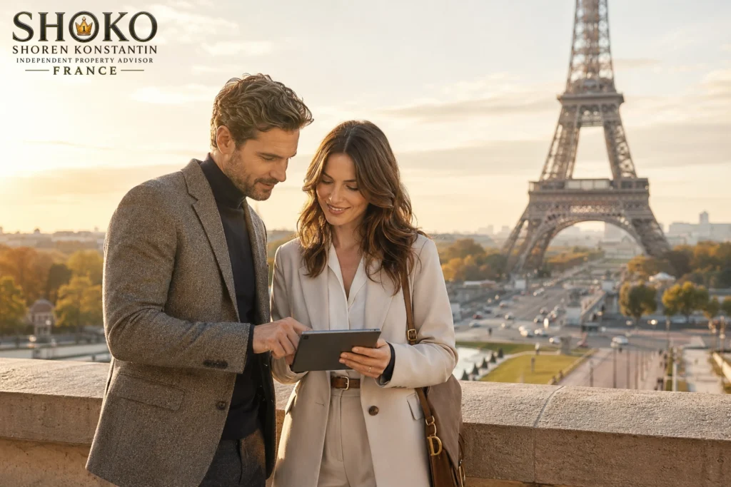 Elegantes deutsches Paar besichtigt eine klassische Haussmann-Wohnung im 16. Arrondissement von Paris mit Blick auf den Eiffelturm vom Trocadéro