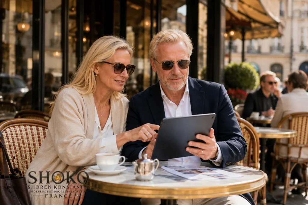 Elegantes deutsches Paar in einem Café in Saint-Germain-des-Prés im 6. Arrondissement von Paris beim Gespräch über eine Wohnungsbesichtigung
