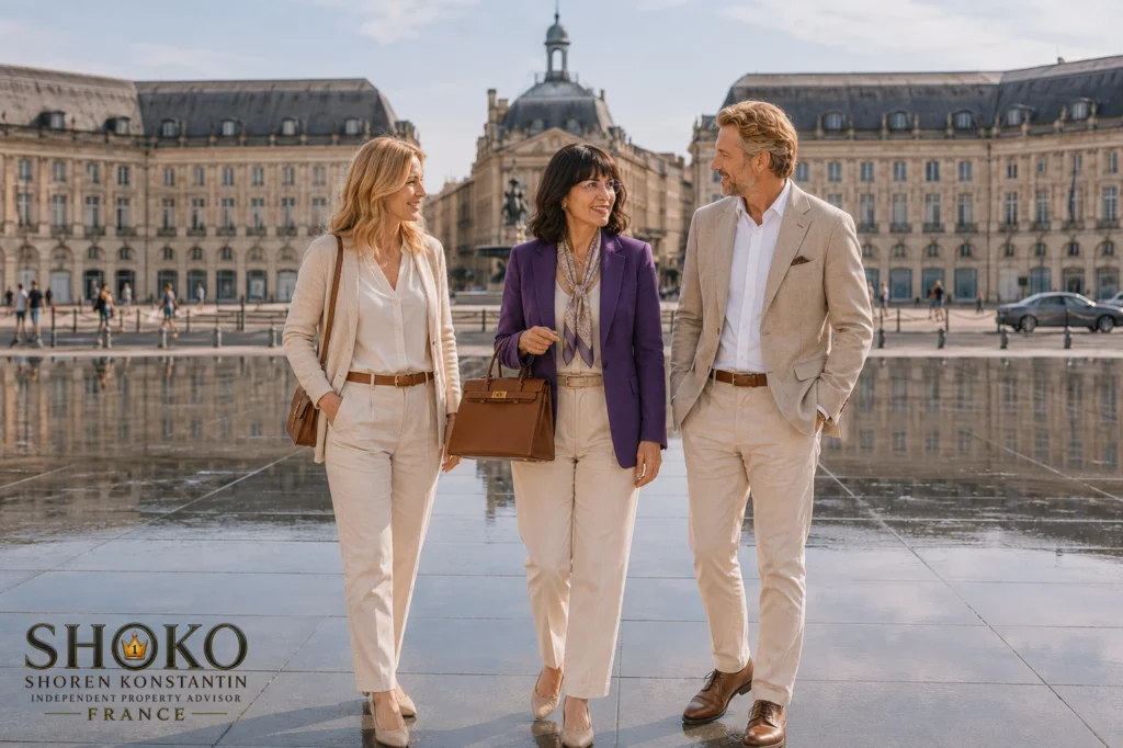 Deutsches Käuferpaar mit SHOKO an der Place de la Bourse in Bordeaux, im Hintergrund der Wasserspiegel und die klassizistischen Fassaden